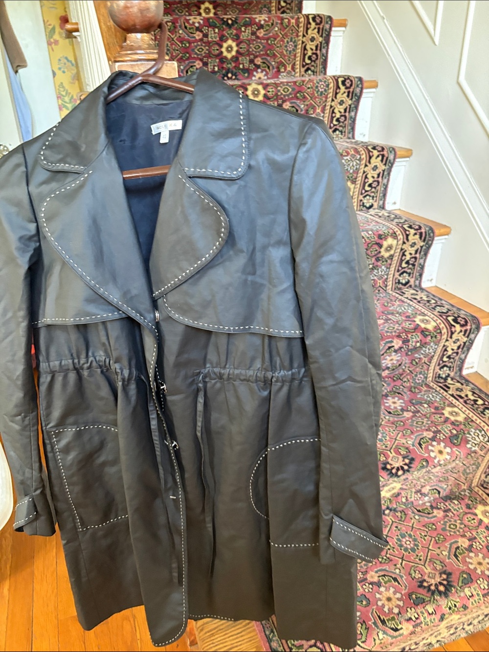 Paula Kae Classic Black waxed  Trench Coat with Drawstring Waist